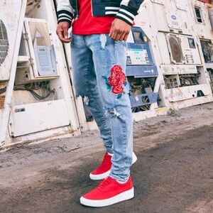 Embroidered Rose Distressed Denim Jeans Pants Torn 38 Straight Blue